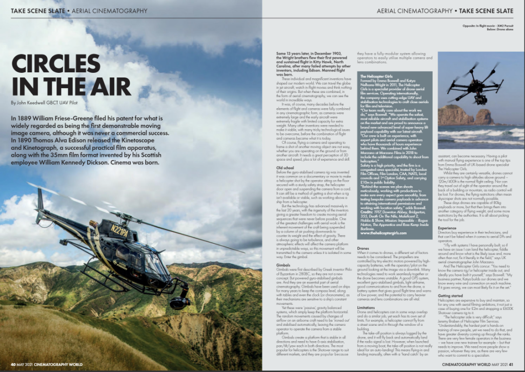 Image of Cinematography World magazine feature about aerial cinematography and drone imaging.